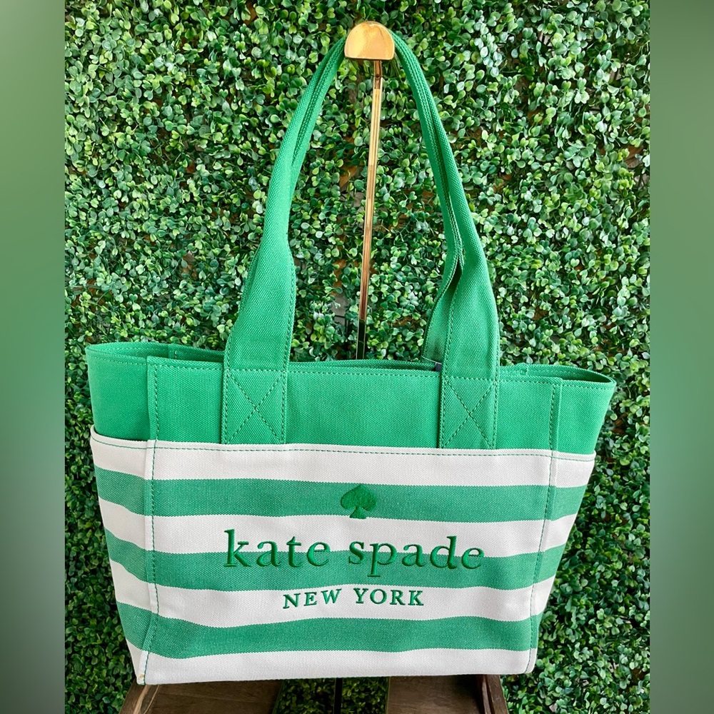 Kate Spade Jett Large Tote | Green Beach Time Stripe | Embroidered Logo | NWT - Picture 14 of 16